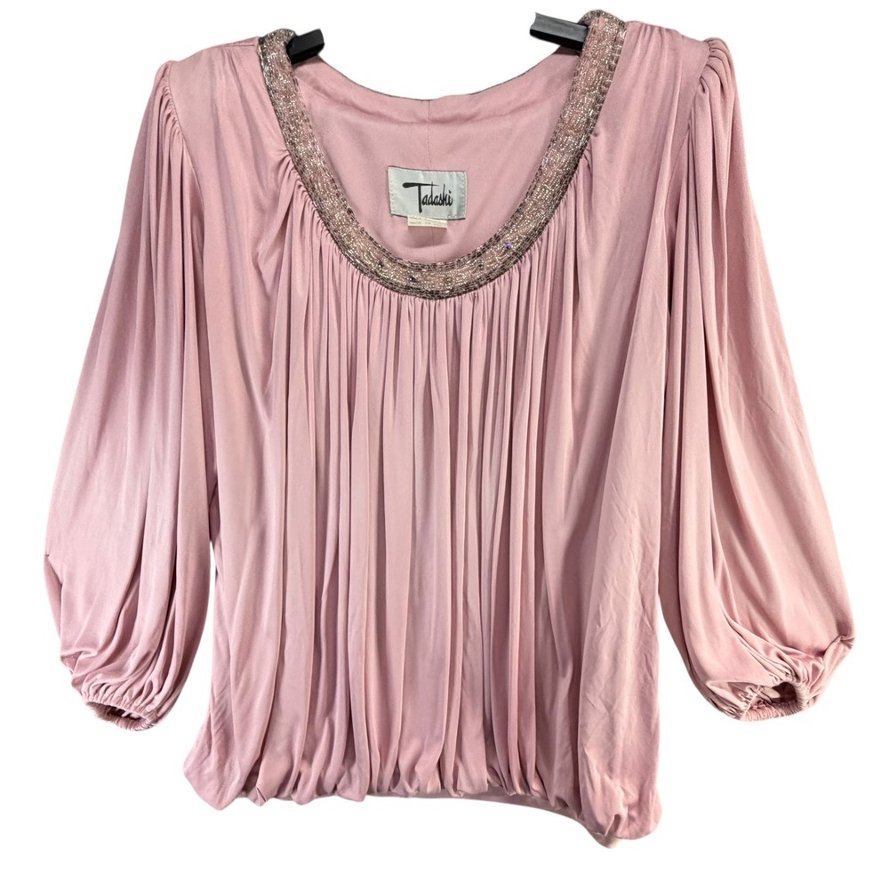 Vintage 90s Tadashi Blouson Blouse Womens 14 Pink Pleated Beaded Soft Glam Retro